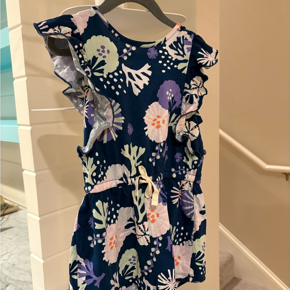 Tea Collection 5T Floral Flutter Sleeve Romper - Navy and Purple